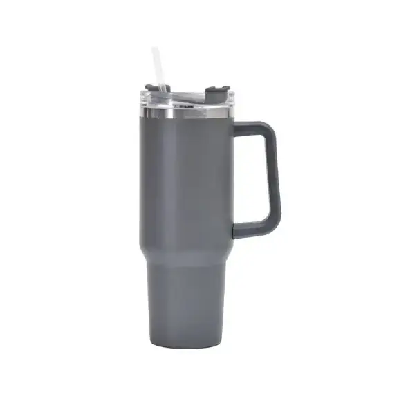 Gray insulated travel mug with a black handle and clear lid featuring a straw.