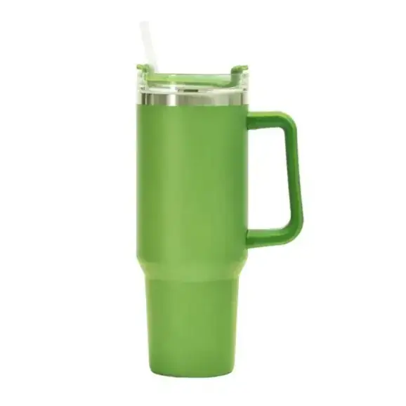 Green insulated travel mug with a silver rim, handle, and clear lid featuring an integrated straw.