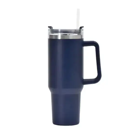 Navy blue insulated travel mug with a stainless steel lid and handle