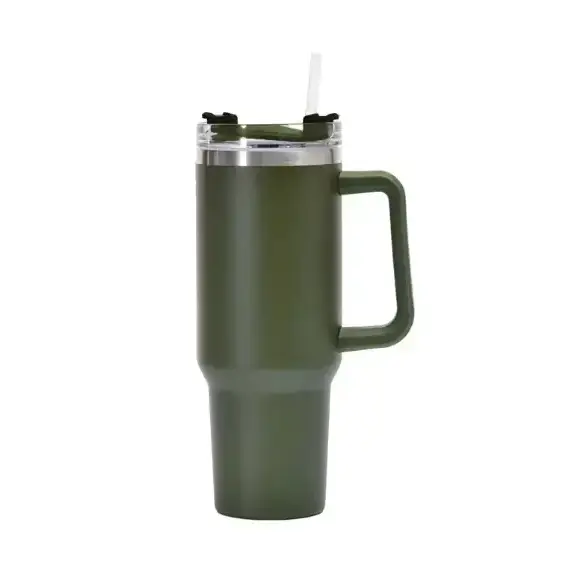 Olive green insulated travel mug with a stainless steel rim, clear lid, and integrated handle.