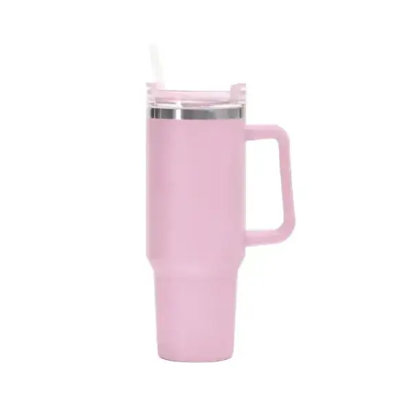 Pink insulated travel mug with a clear lid, silver rim, and integrated handle.
