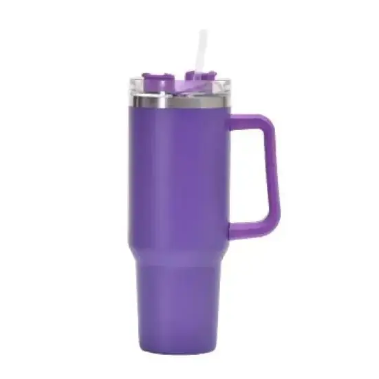 Purple insulated travel mug with a handle, clear lid featuring an integrated straw and purple accents.