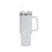 White insulated travel mug with a silver rim, clear lid, and integrated handle.