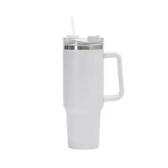 White insulated travel mug with a silver rim, clear lid, and integrated handle.