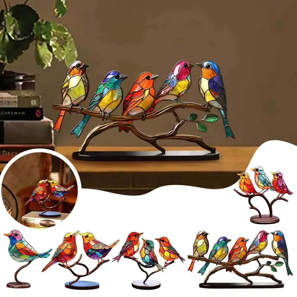 Vibrant stained glass bird figurine set perched on a branching branch, featuring colorful mosaic patterns and metallic bronze accents.