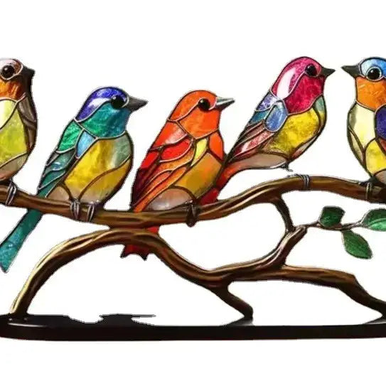 A vibrant stained glass bird wall art featuring five colorful birds perched on a detailed branch, crafted with intricate leaded glasswork in hues of blue, green, orange, red, and yellow.