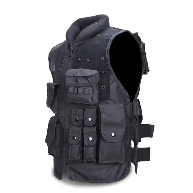 Black tactical vest with multiple pockets and adjustable straps.