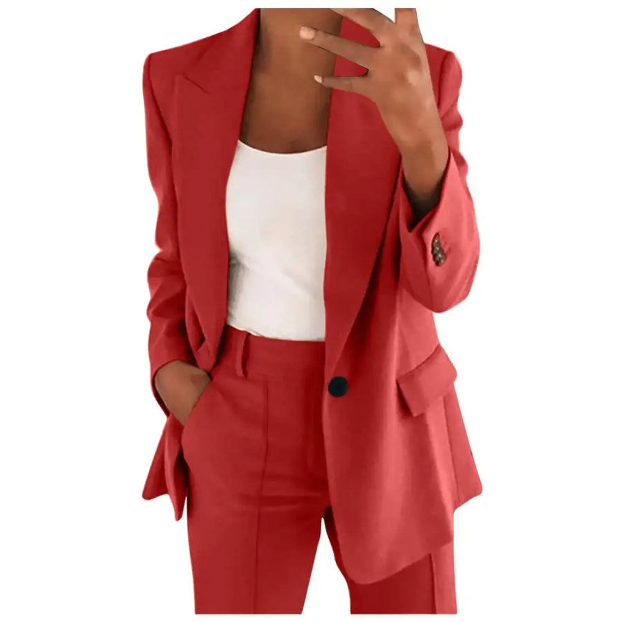 Red blazer with a tailored fit and black buttons.
