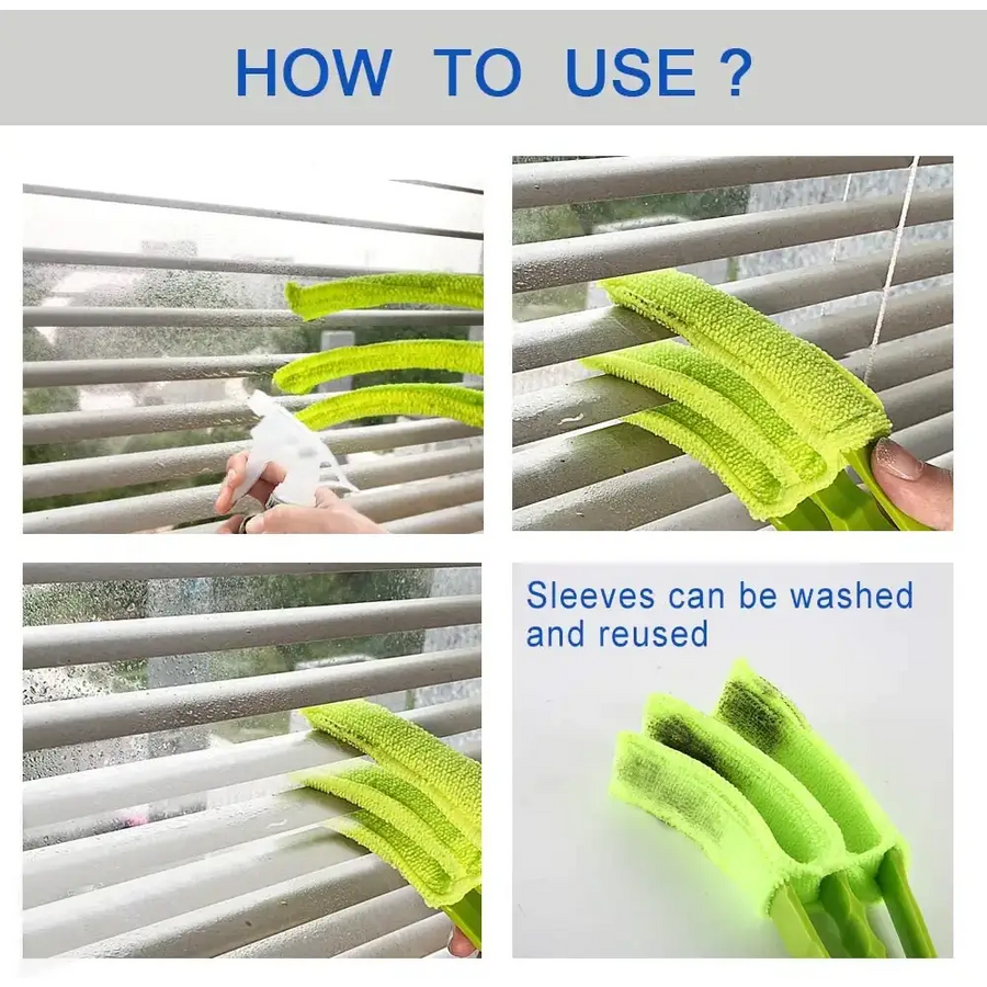 Bright lime green, soft-textured cleaning sleeves with a flexible handle for wiping window blinds.
