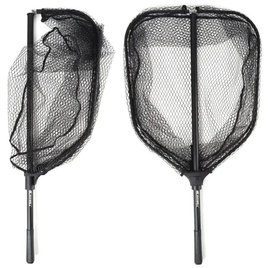 Black mesh fishing net with a telescopic handle and reinforced frame.
