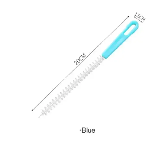 A light blue plastic bottle brush with a 20cm length and a 1.5cm handle, featuring fine bristles along its entire body for cleaning bottles or containers.