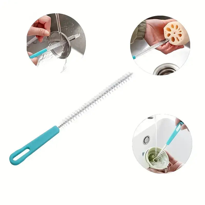 A teal plastic bottle brush with a long, flexible bristle head designed for cleaning narrow openings.