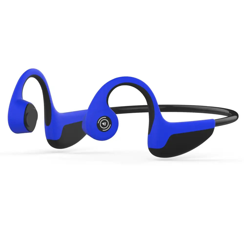 Blue and black bone conduction headphones with a sleek, curved design.