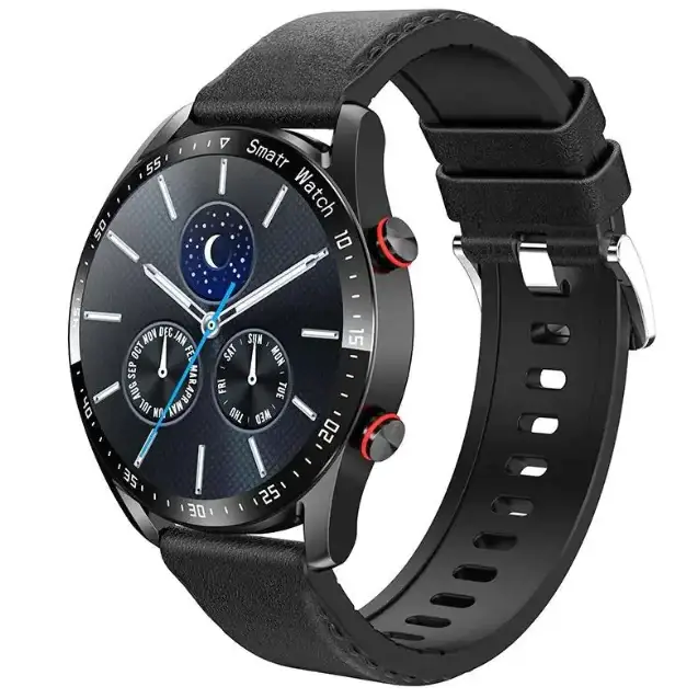 Black leather strap smartwatch with a dark blue dial featuring moon and star motifs, silver-tone bezel, and red-accented side buttons.