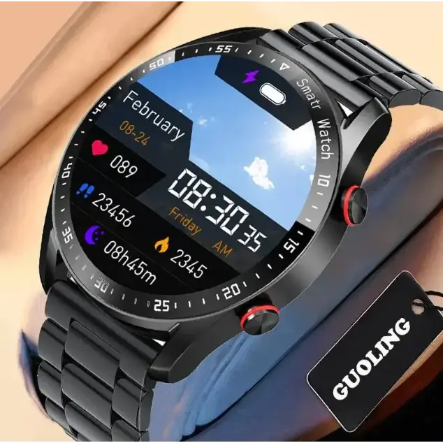 Black metallic guoling smartwatch with a round digital display showing fitness metrics and time.