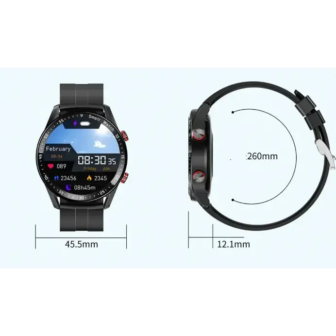 Black smartwatch with a circular screen displaying fitness metrics and a matching black silicone strap.