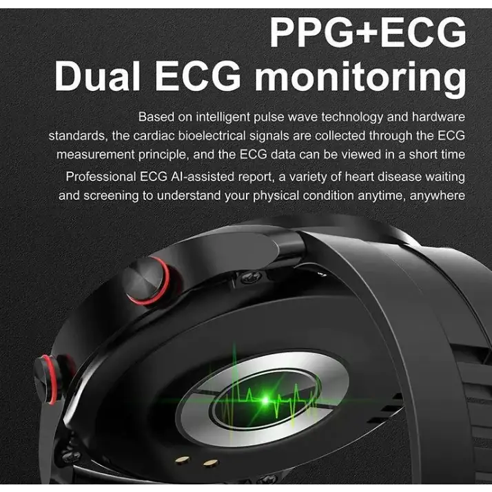 Black smartwatch with a sleek, curved design and red-accented buttons featuring dual ecg monitoring technology.