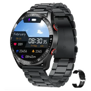 Black metallic smartwatch with a round display showing date, time, and health metrics.
