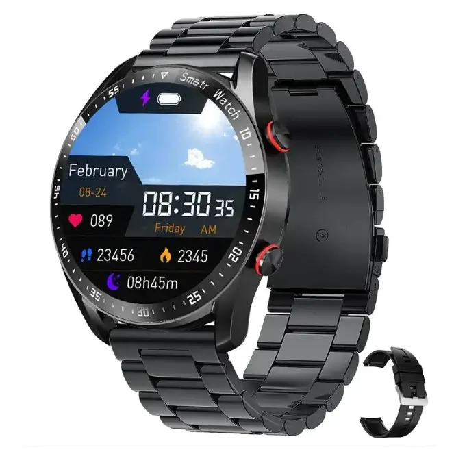 Black metallic smartwatch with a round display showing date, time, and health metrics.
