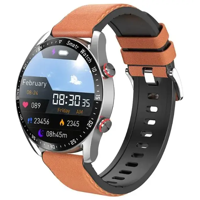A sleek smartwatch with a round silver case, tan leather strap on the outside and black rubber lining inside, displaying fitness metrics on its screen.