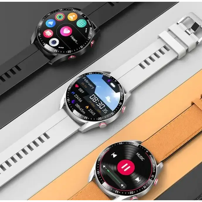 Silver-framed smartwatch with a circular touchscreen display, available in black, white, and tan straps.