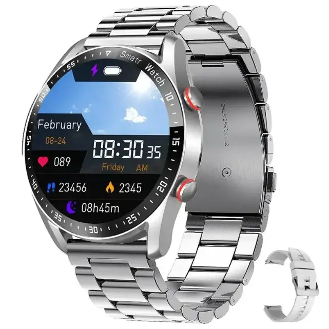 Silver stainless steel smartwatch with a round digital display showing fitness metrics and time, featuring a sleek metallic band design.