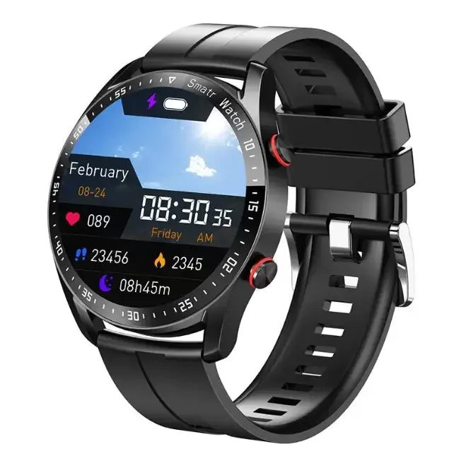 Black smartwatch with a circular touchscreen display showing fitness metrics and time, featuring a black silicone strap with red accent buttons.