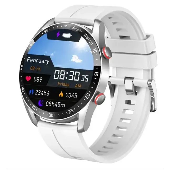 White silicone strap with silver-tone metal case and red-accented side buttons on a smartwatch displaying fitness metrics.