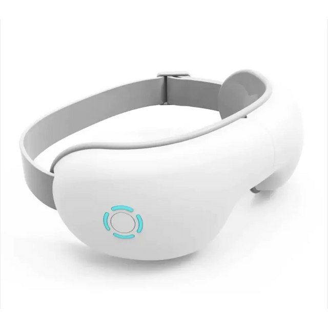 White and gray ergonomic eye massager with a glowing blue circular led indicator on the front.