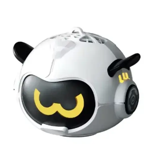 White and black robotic panda head with yellow glowing eyes, featuring a sleek metallic finish and small ear-like protrusions.