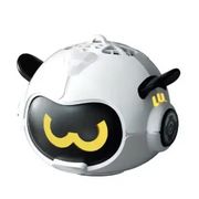 White and black robotic panda head with yellow glowing eyes, featuring a sleek metallic finish and small ear-like protrusions.