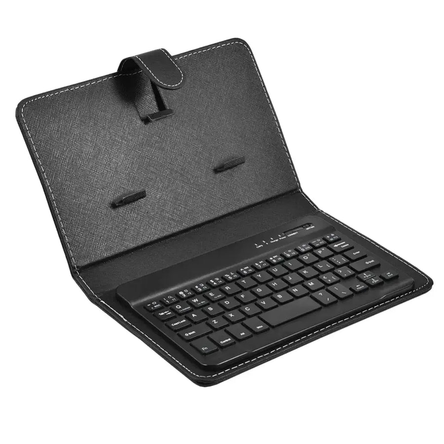 Black leather-style tablet case with integrated wireless keyboard.