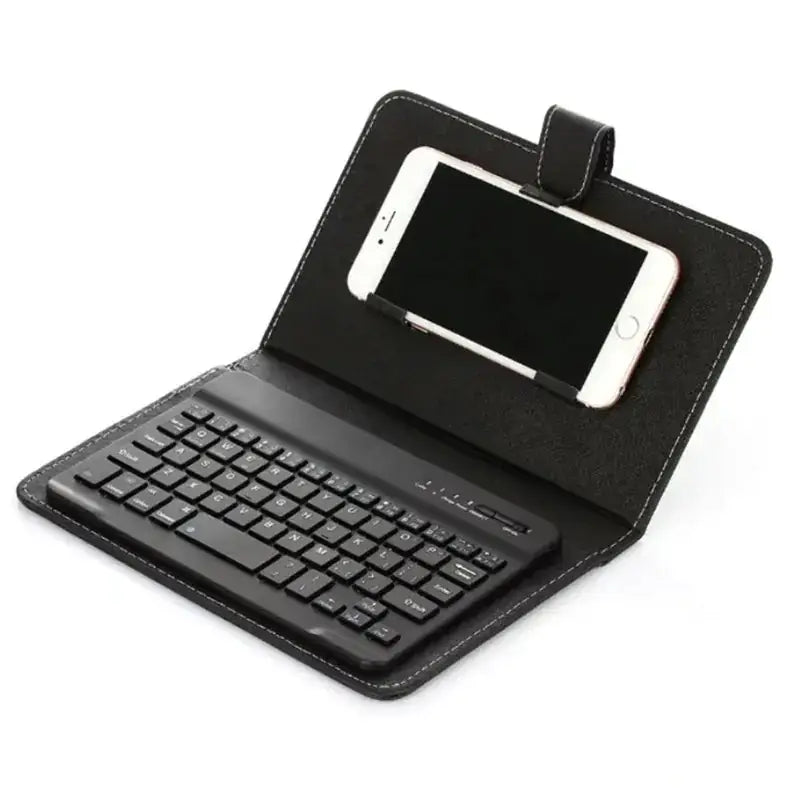 Black leather-style tablet case with integrated wireless keyboard and phone holder.