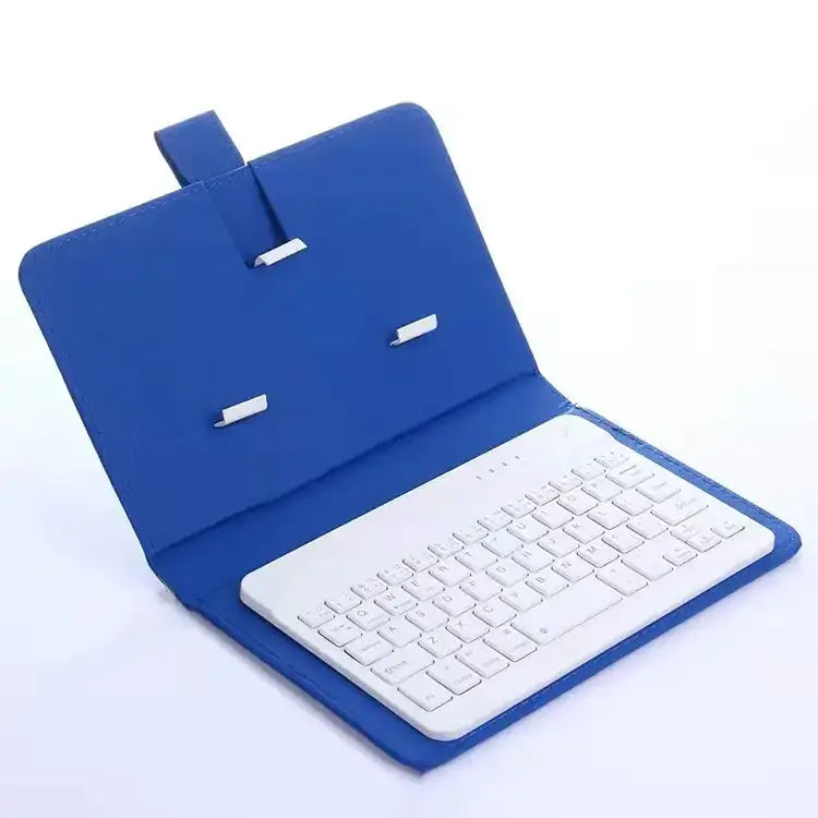 Blue leather-style tablet case with integrated white keyboard.