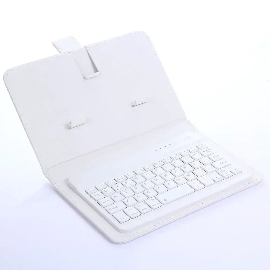 White leather-style tablet case with integrated keyboard.