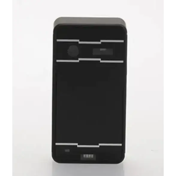 Black smartphone with white geometric lines and a circular camera lens on the back.