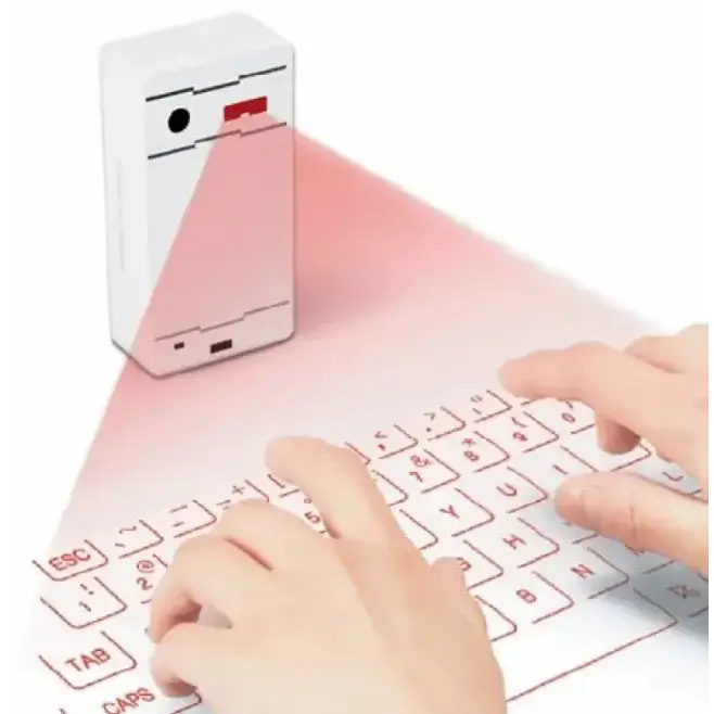 White rectangular laser keyboard projector with red projected keys and a black circular lens.