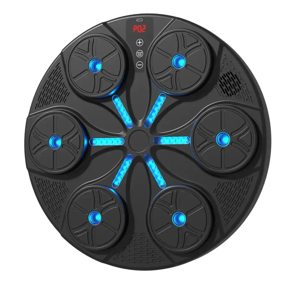 Black circular massager with six glowing blue led lights and a digital display showing ’p02’’.