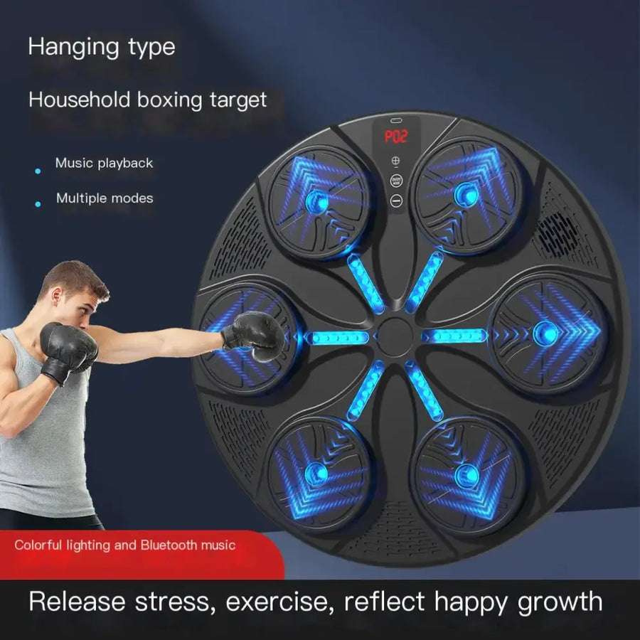Black circular household boxing target with blue led lighting and multiple modes for music playback.