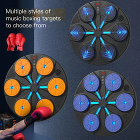 Black circular music boxing target with six illuminated blue led strips connecting five colored drum-like targets—orange, yellow, and purple—in a starburst pattern.