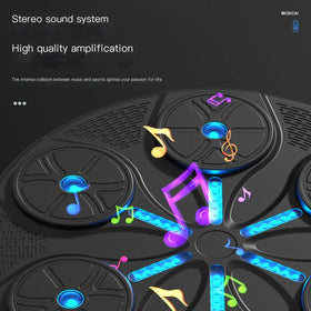 Black musical instrument with blue glowing accents and colorful animated music notes floating around it.