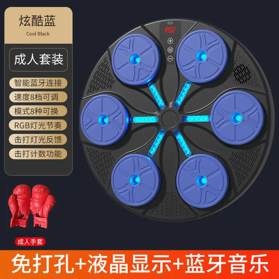 Black circular fitness pad with six blue illuminated massage rollers and a central digital display, featuring rgb lighting effects.
