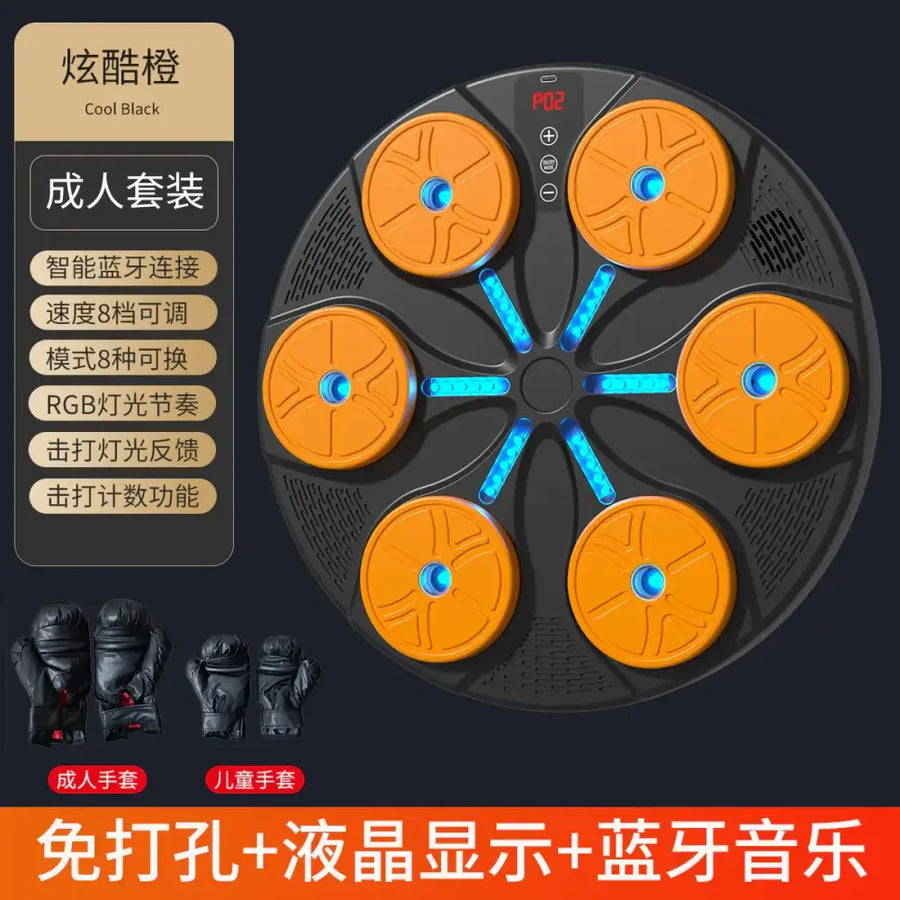 Cool black circular massage pad with six orange vibrating discs and blue led lights, featuring a digital display.