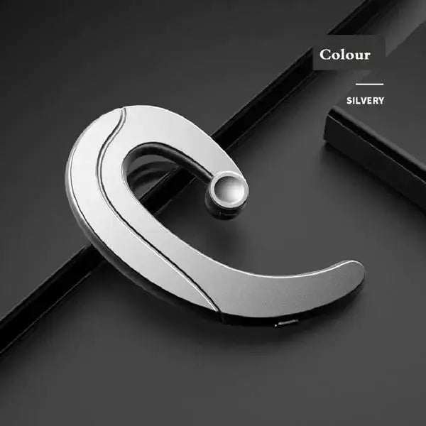 Silvery, sleek wireless earbud with a minimalist curved design and smooth metallic finish.