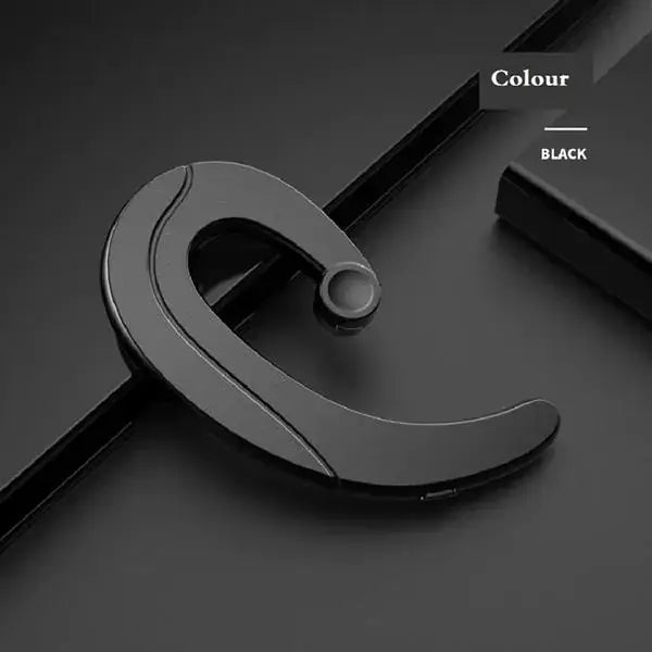 Black wireless earbud with a sleek, curved design and smooth matte finish.