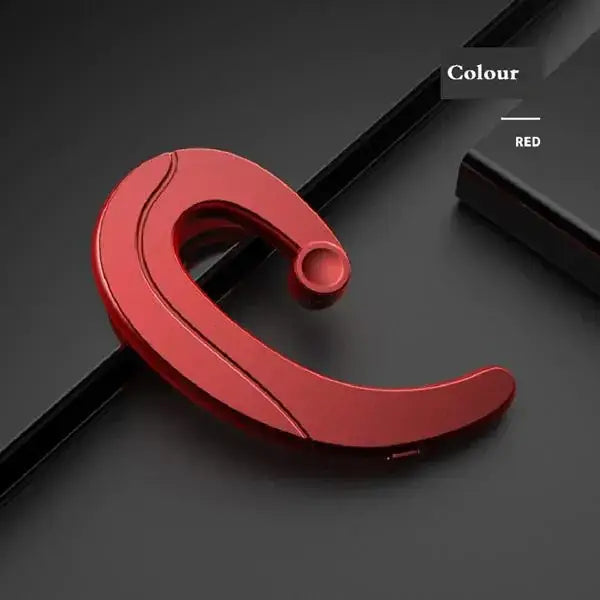 Red, sleek, curved wireless earbud with a glossy finish and minimalist design.