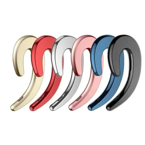 A sleek, curved bluetooth headset in seven vibrant colors including gold, red, silver, pink, blue, and black.