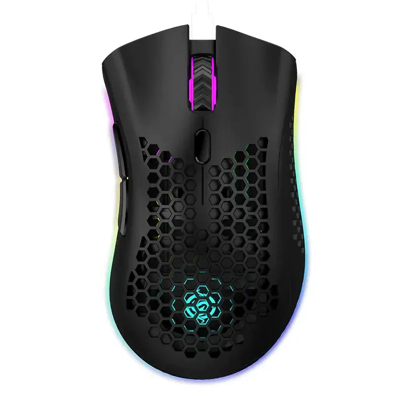 Black gaming mouse with hexagonal mesh design and rgb lighting accents.
