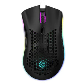 Black gaming mouse with hexagonal mesh design and rgb lighting accents.