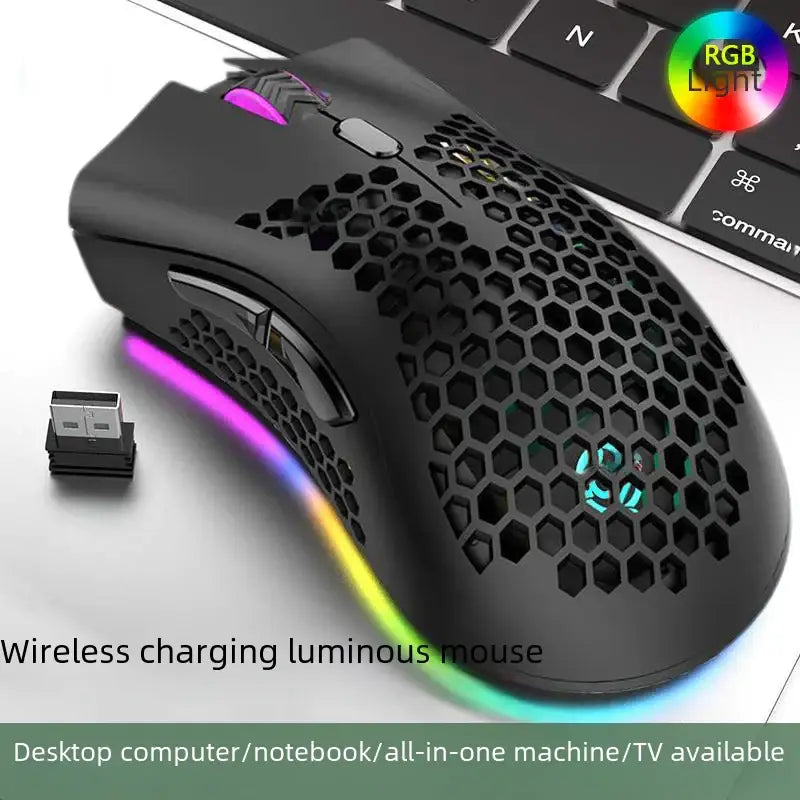 Black wireless gaming mouse with a honeycomb-patterned design and rgb lighting that glows along its underside.